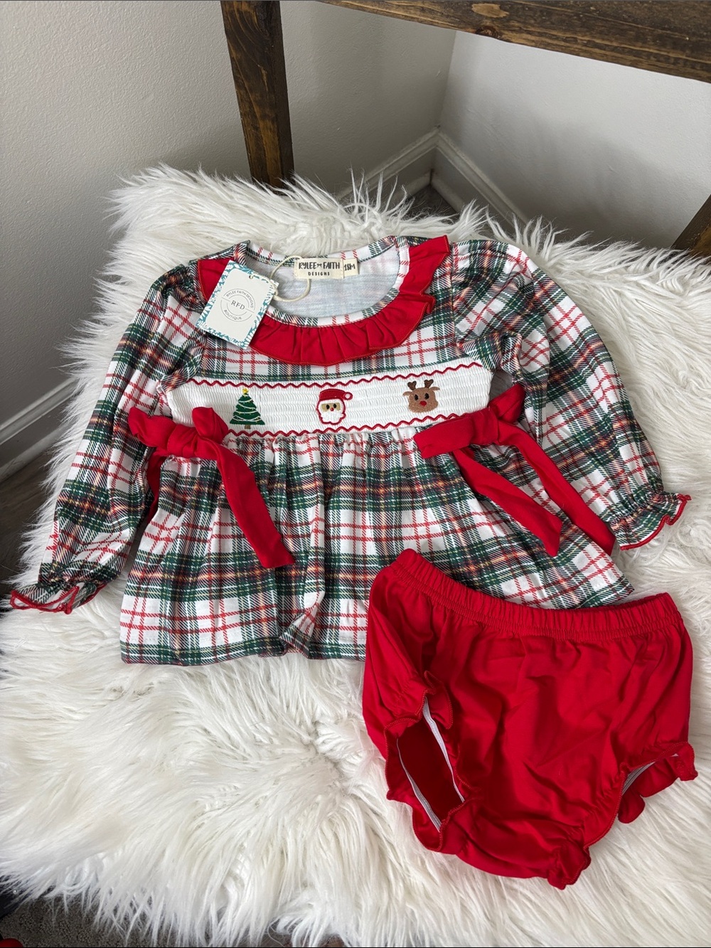 Festive Christmas Icons Plaid Smocked Dress with Red Bloomers Size 18M